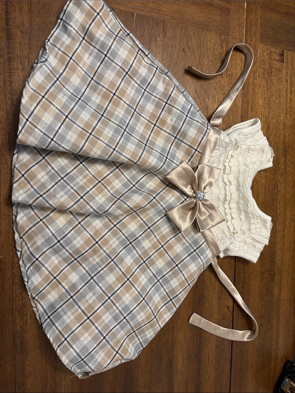 Youngland Cream Lace Bodice with Tan Plaid Skirt Party Dress